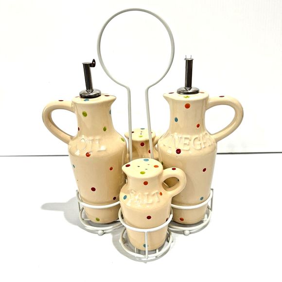 Temp-tations Temptations By Tara Polka Dot 5 pc Condiment Set Oil Vinegar Salt - Picture 1 of 15